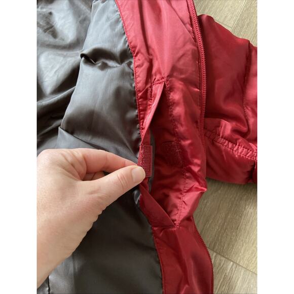 Eddie Bauer Jacket Sz M Red Quilted Goose Down Puffer Fleece Cuffs Short Shinny - Picture 13 of 16